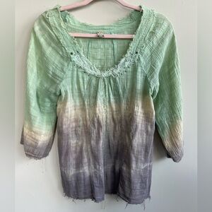 Free People Mint Green, Yellow, and Purple Ombre Dyed Blouse
